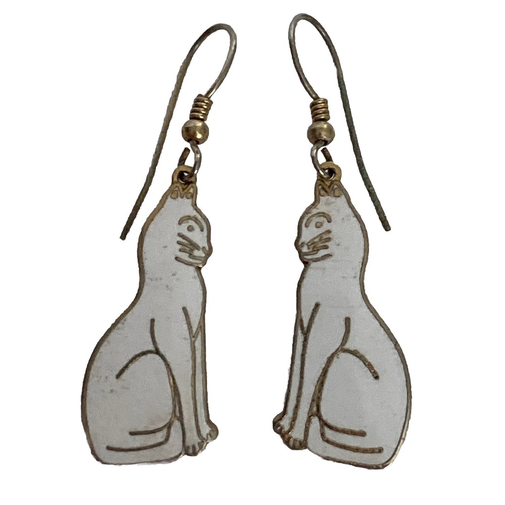 Vintage Meow White Enamel Cat Gold Tone Drop Dangle Earrings 1" Signed